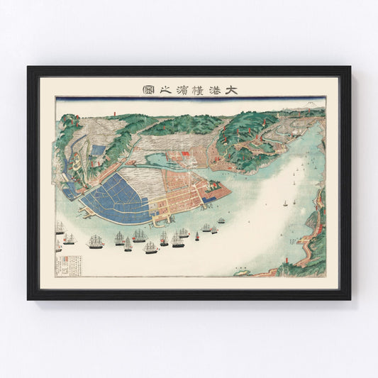 Vintage restored map of Yokohama, Japan, 1868