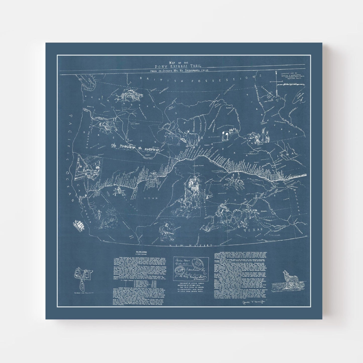 Vintage Pony Express Route Map, 1935