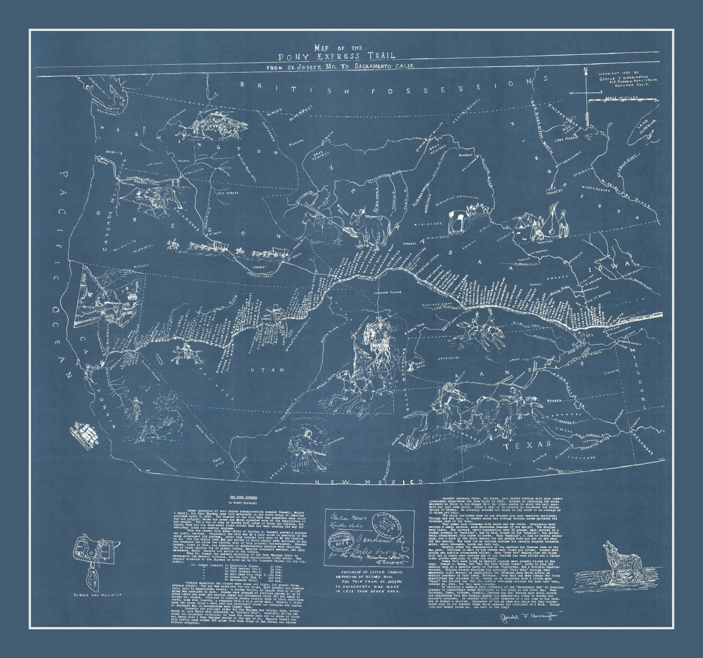Vintage Pony Express Route Map, 1935