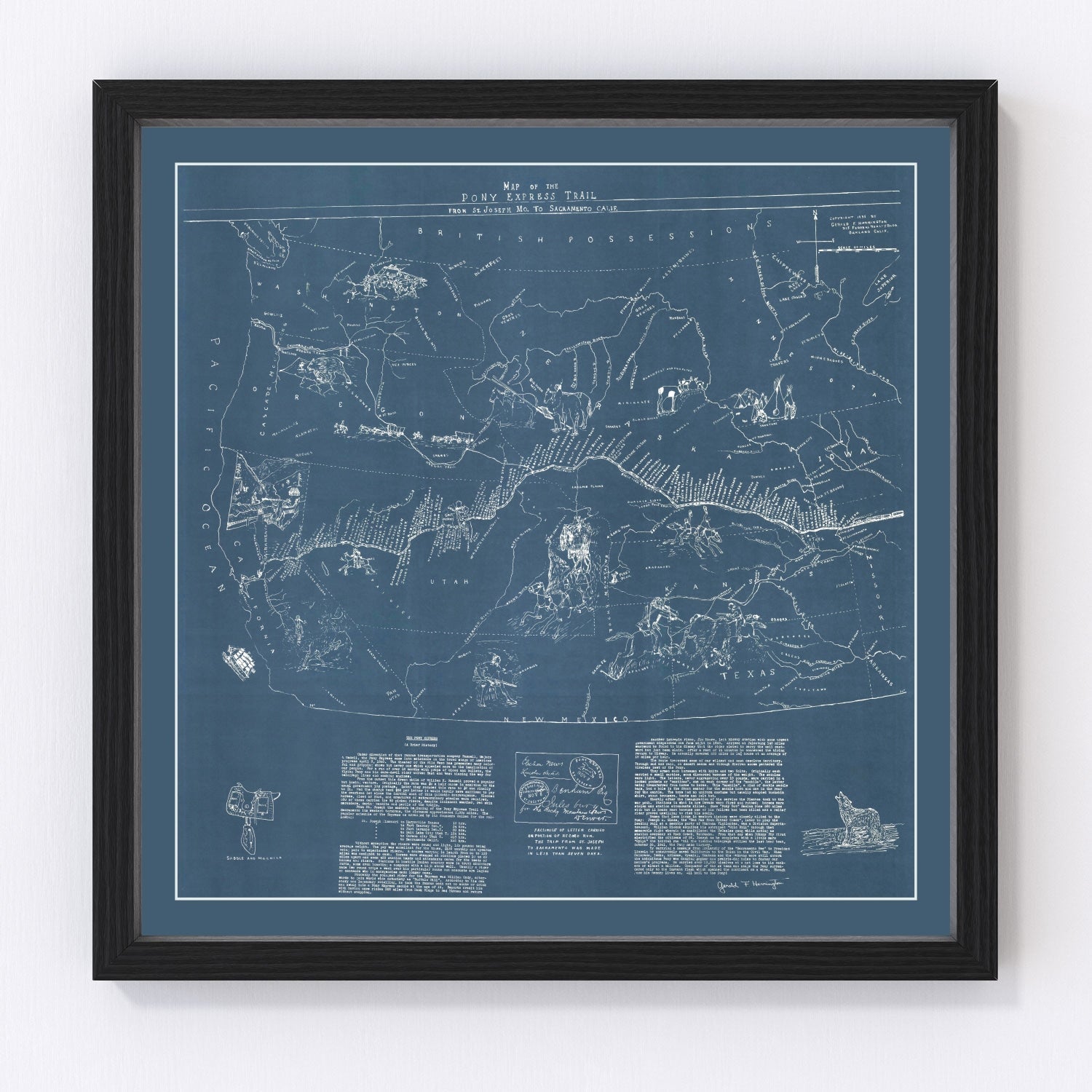 Vintage 1935 Pony Express route map across the American West, restored print