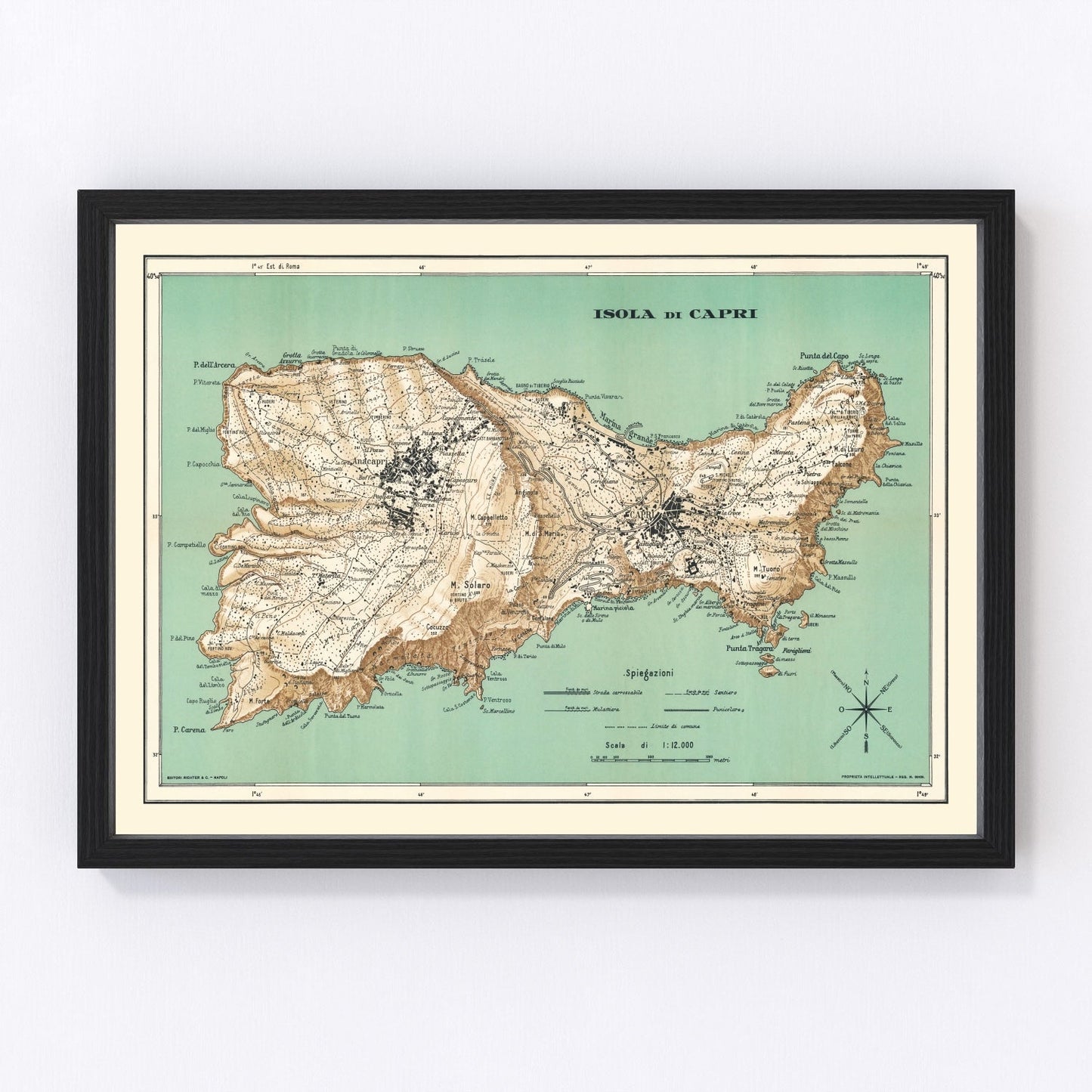 Restored vintage map of Capri, Italy, 1930