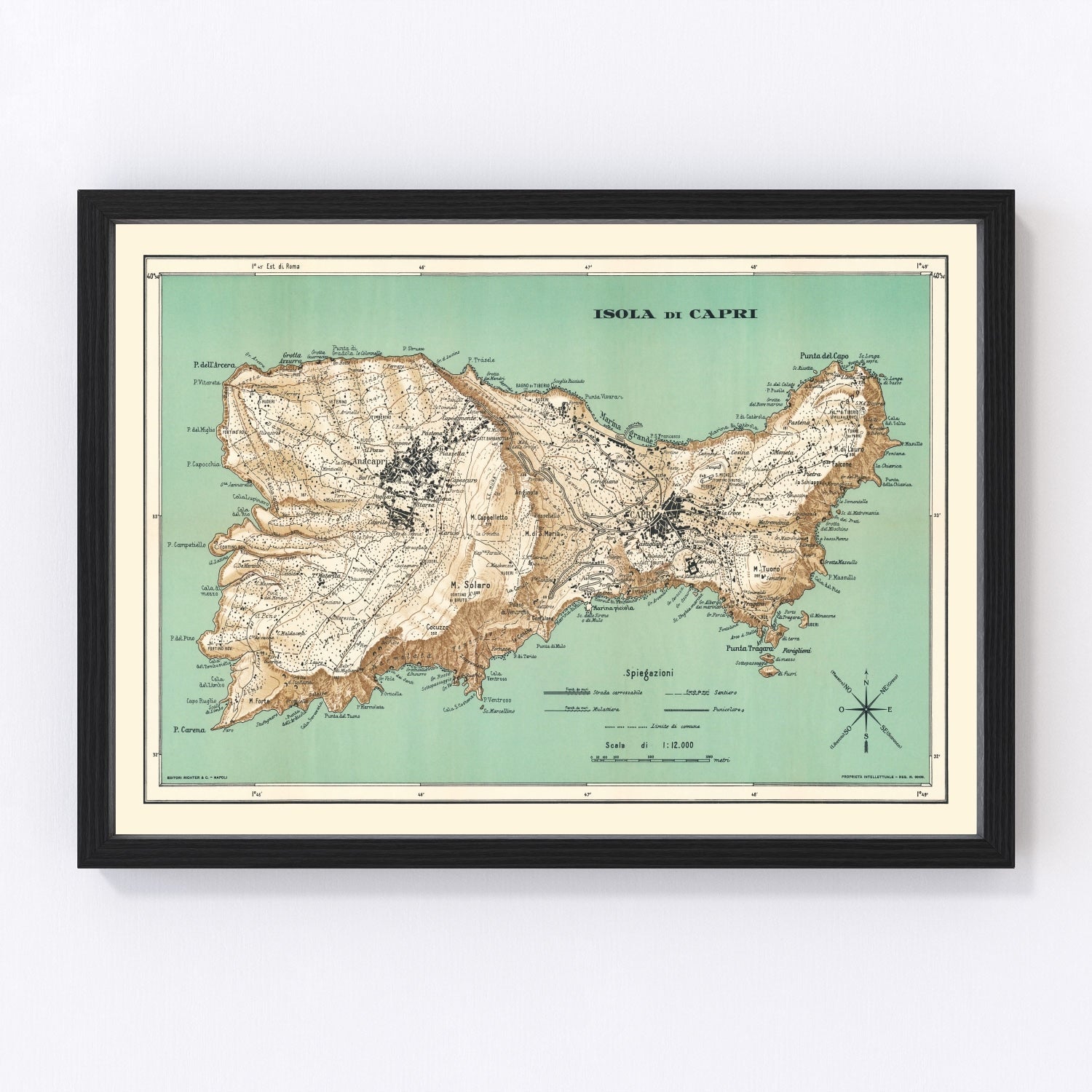 Restored vintage map of Capri, Italy, 1930