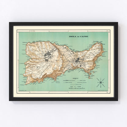 Restored vintage map of Capri, Italy, 1930