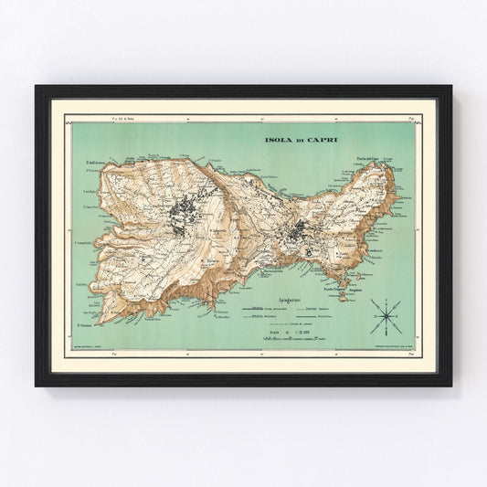 Restored vintage map of Capri, Italy, 1930