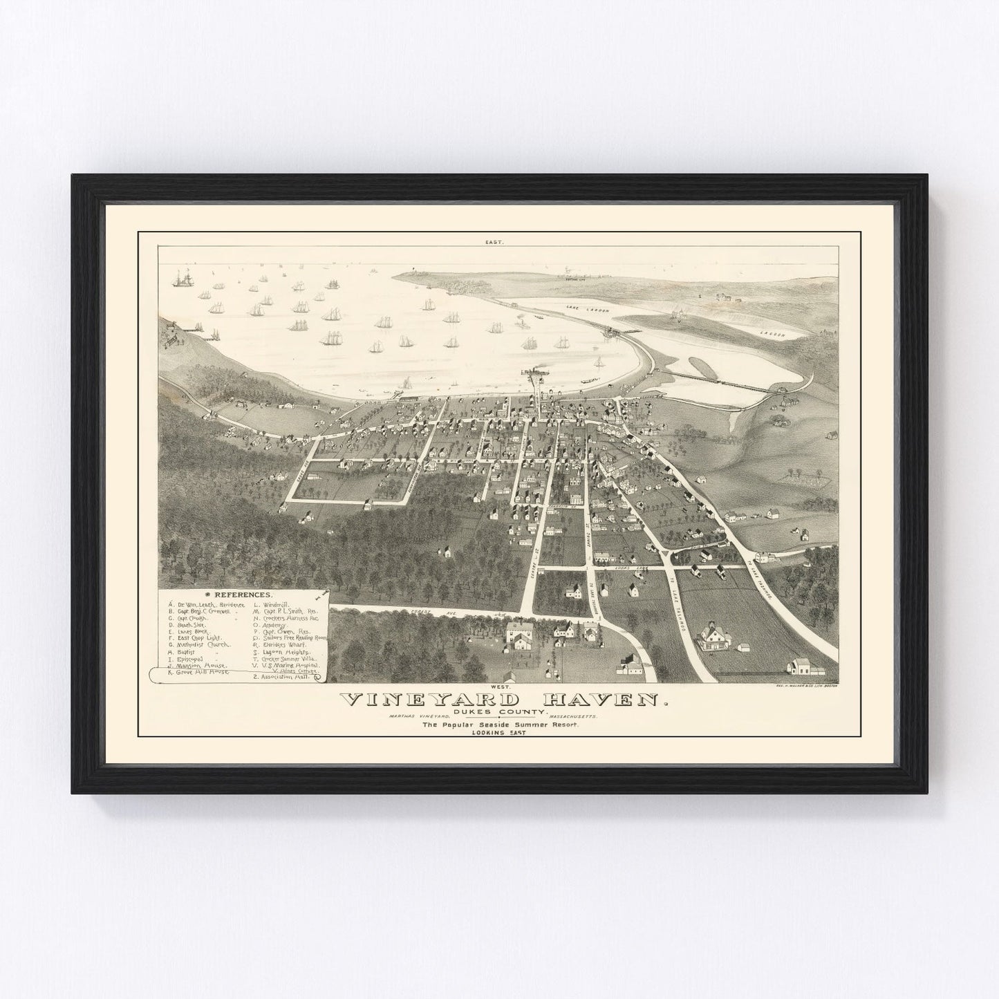 Vintage 1893 map of Vineyard Haven Massachusetts coastal harbor town, restored cartographic print