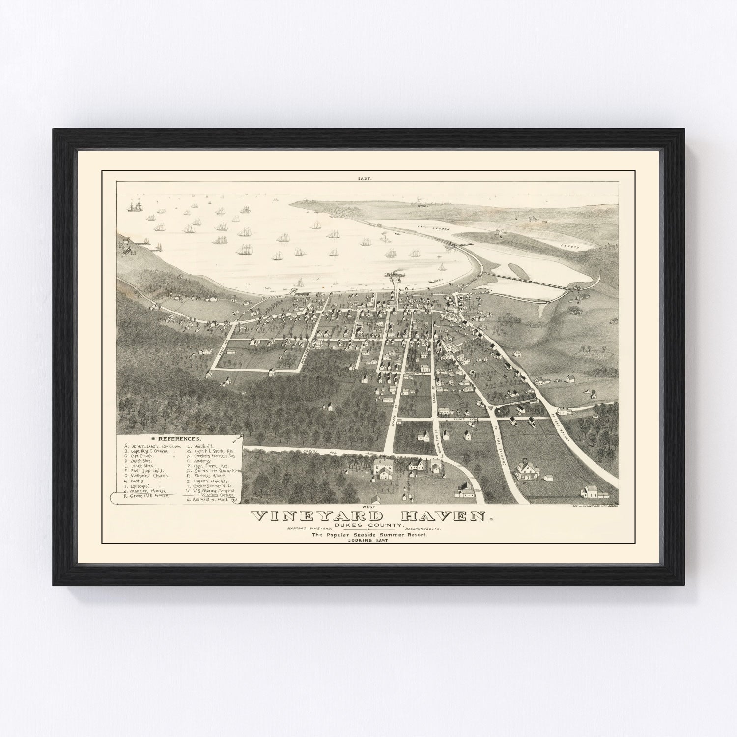 Vintage 1893 map of Vineyard Haven Massachusetts coastal harbor town, restored cartographic print