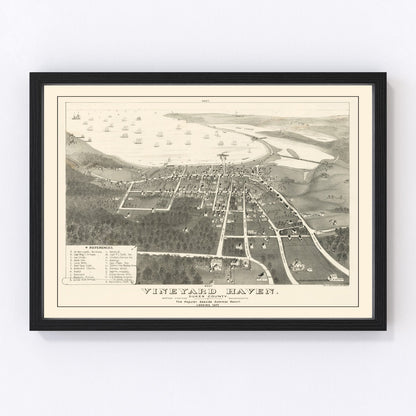 Vintage 1893 map of Vineyard Haven Massachusetts coastal harbor town, restored cartographic print