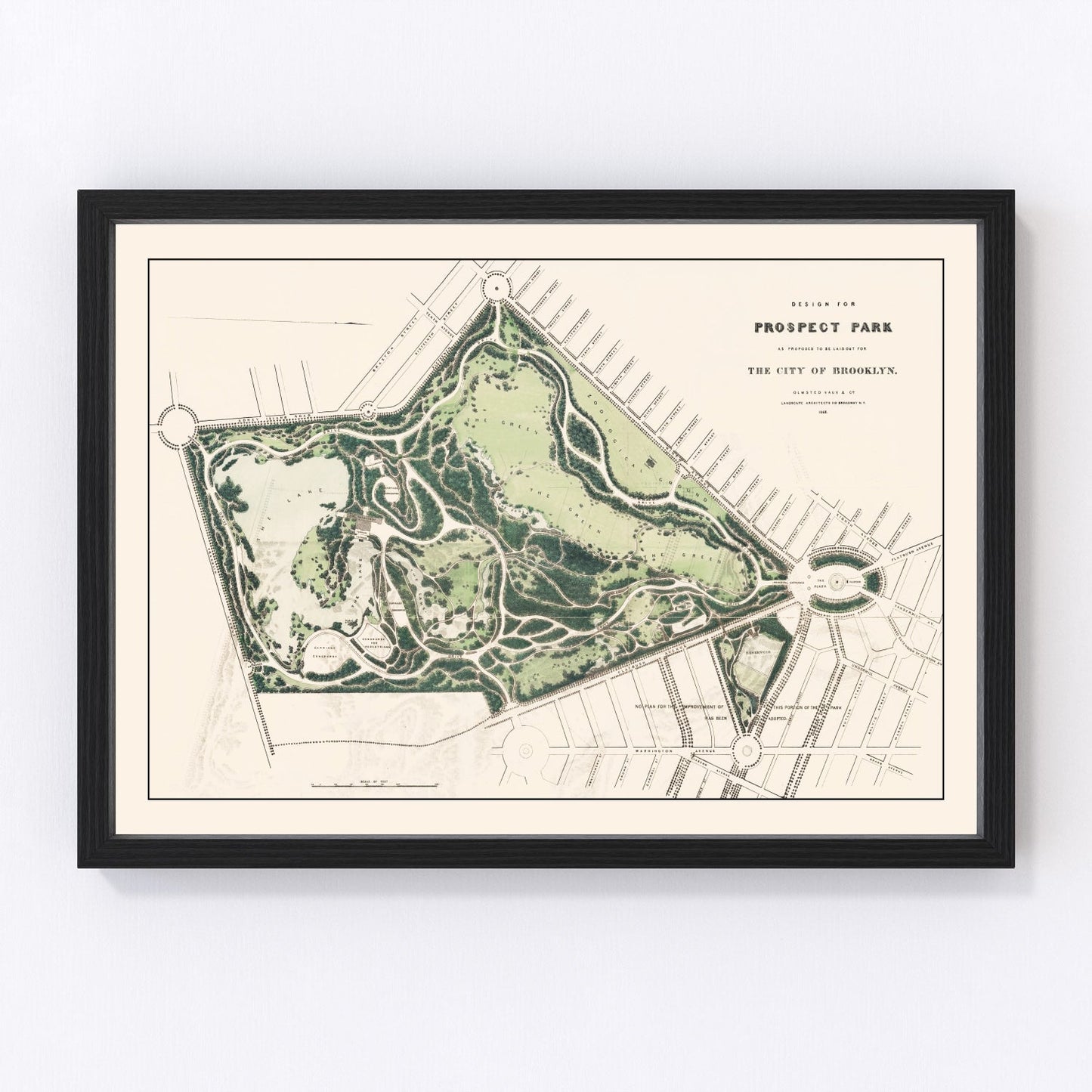 vintage map of Prospect Park, Brooklyn, New York, 1868, Olmsted landscape design