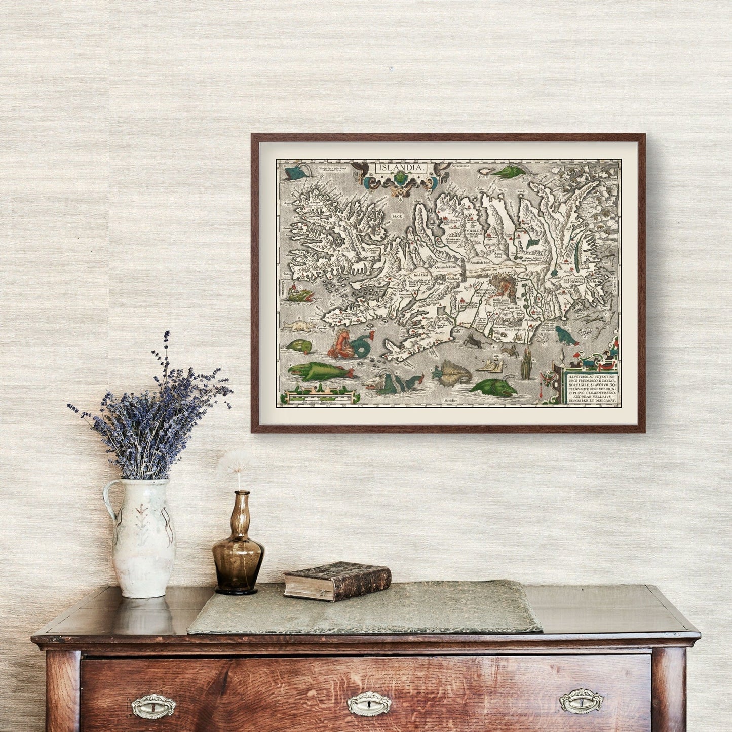 Vintage Iceland Map with Sea Monsters, 1587