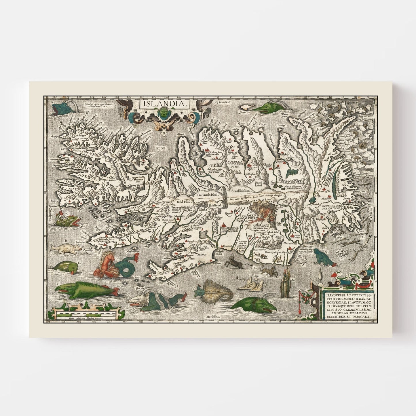 Vintage Iceland Map with Sea Monsters, 1587