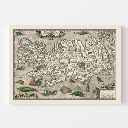Vintage Iceland Map with Sea Monsters, 1587