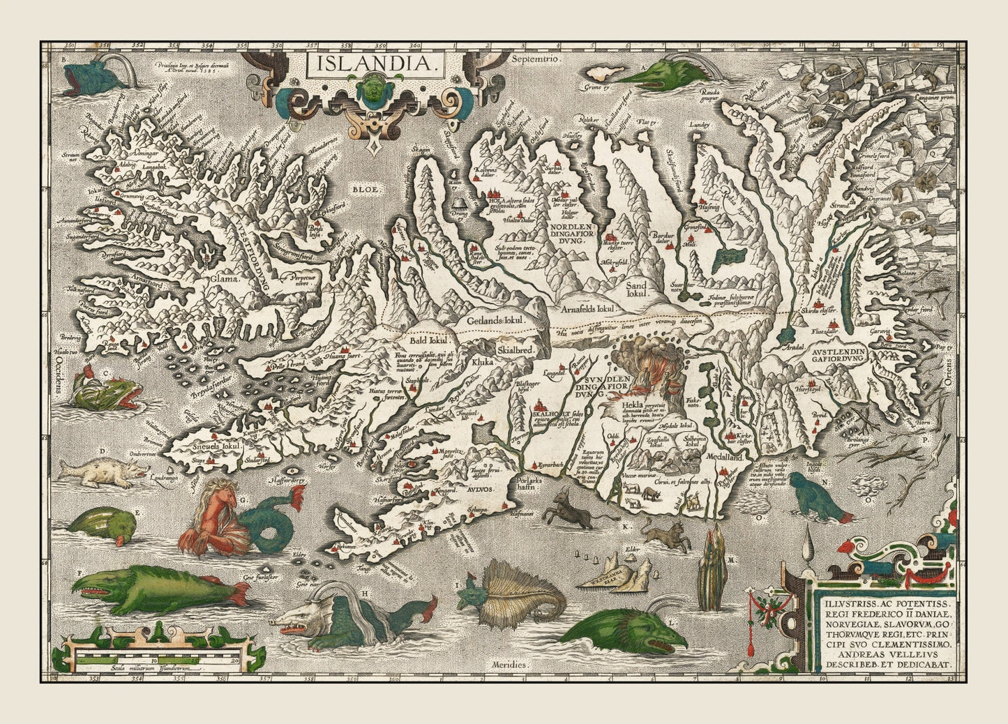 Vintage Iceland Map with Sea Monsters, 1587