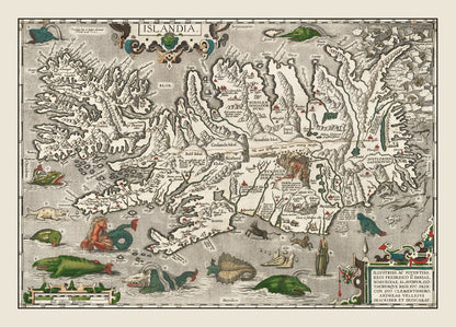 Vintage Iceland Map with Sea Monsters, 1587