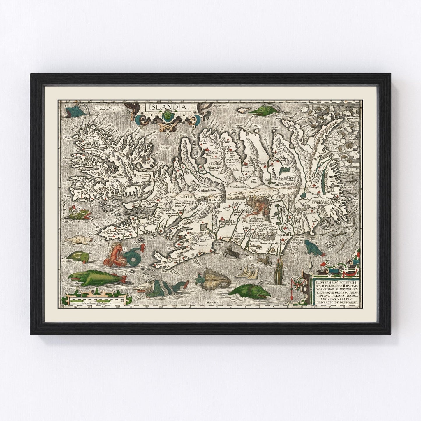 Vintage 1587 Iceland map with sea monsters and ships
