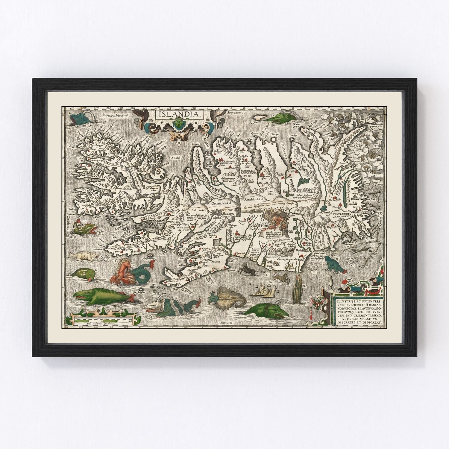 Vintage 1587 Iceland map with sea monsters and ships