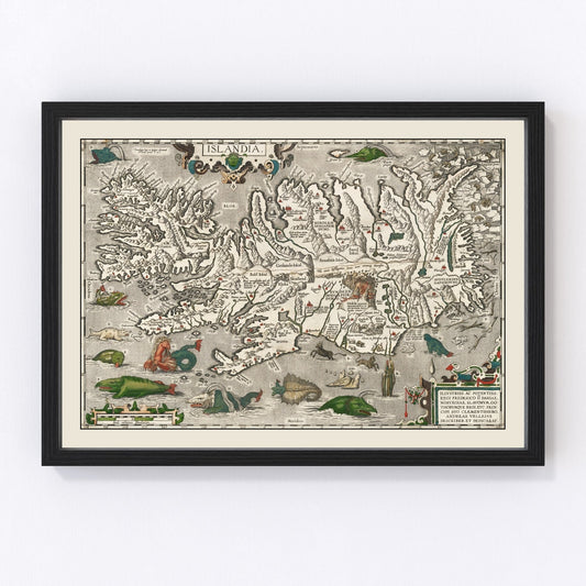 Vintage 1587 Iceland map with sea monsters and ships
