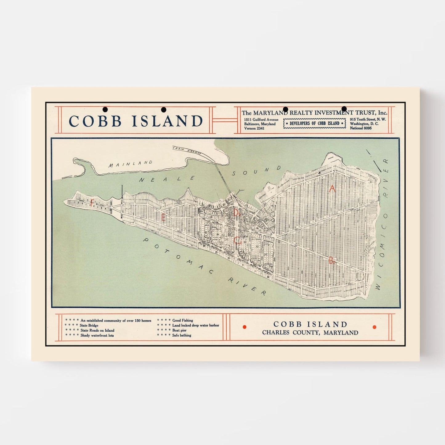 Vintage Cobb Island, Maryland Map, 1935