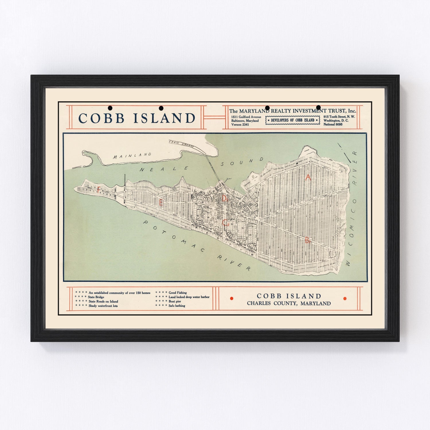 Restored vintage map of Cobb Island, Maryland, 1935