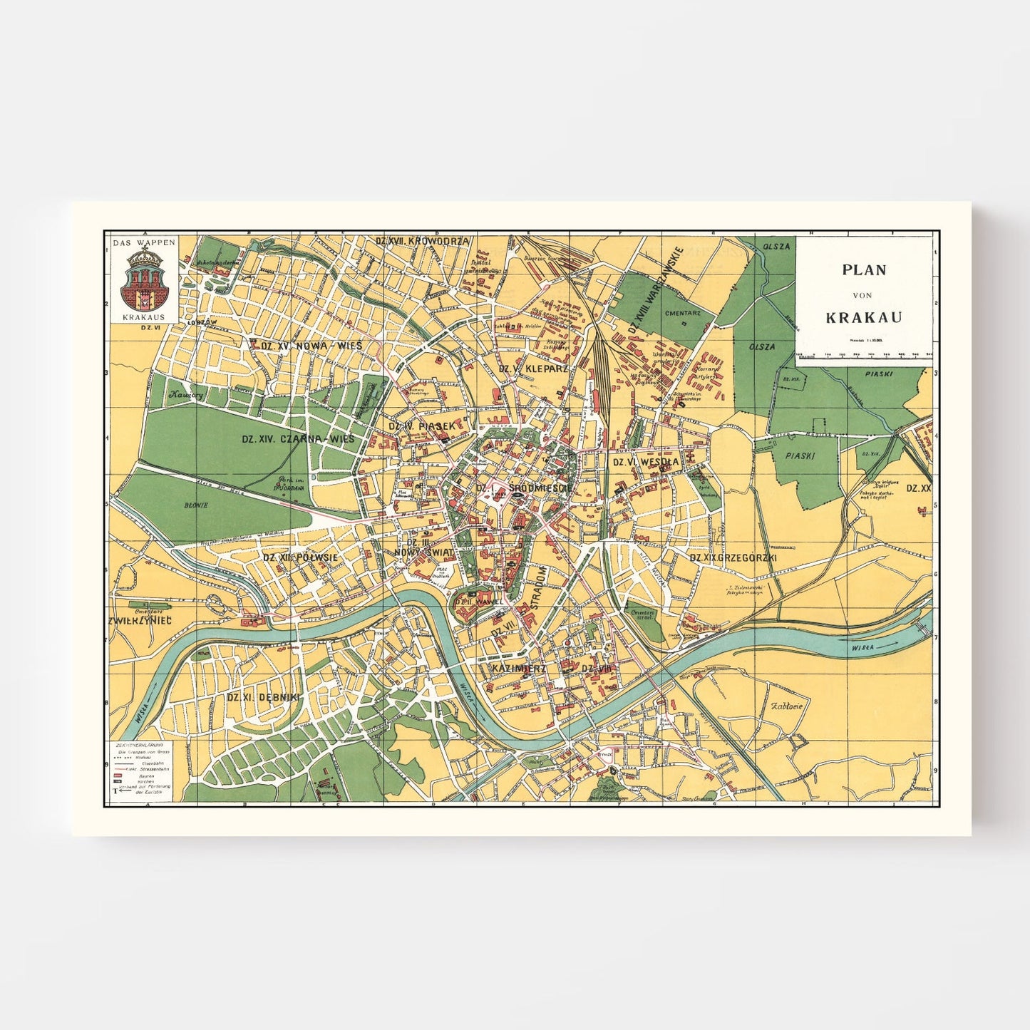 Vintage Map of Krakow, Poland, 1928