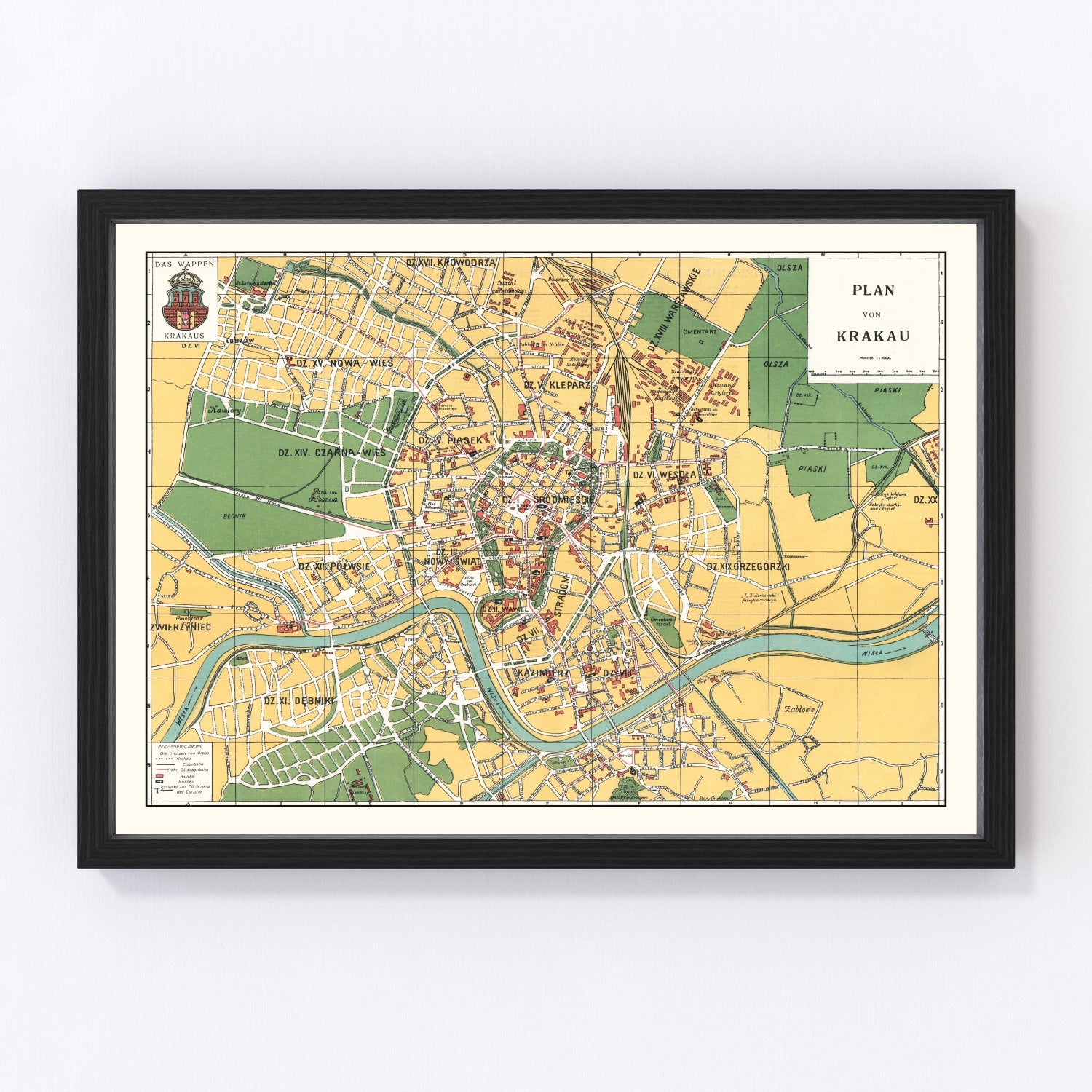 vintage map of Krakow, Poland, 1928