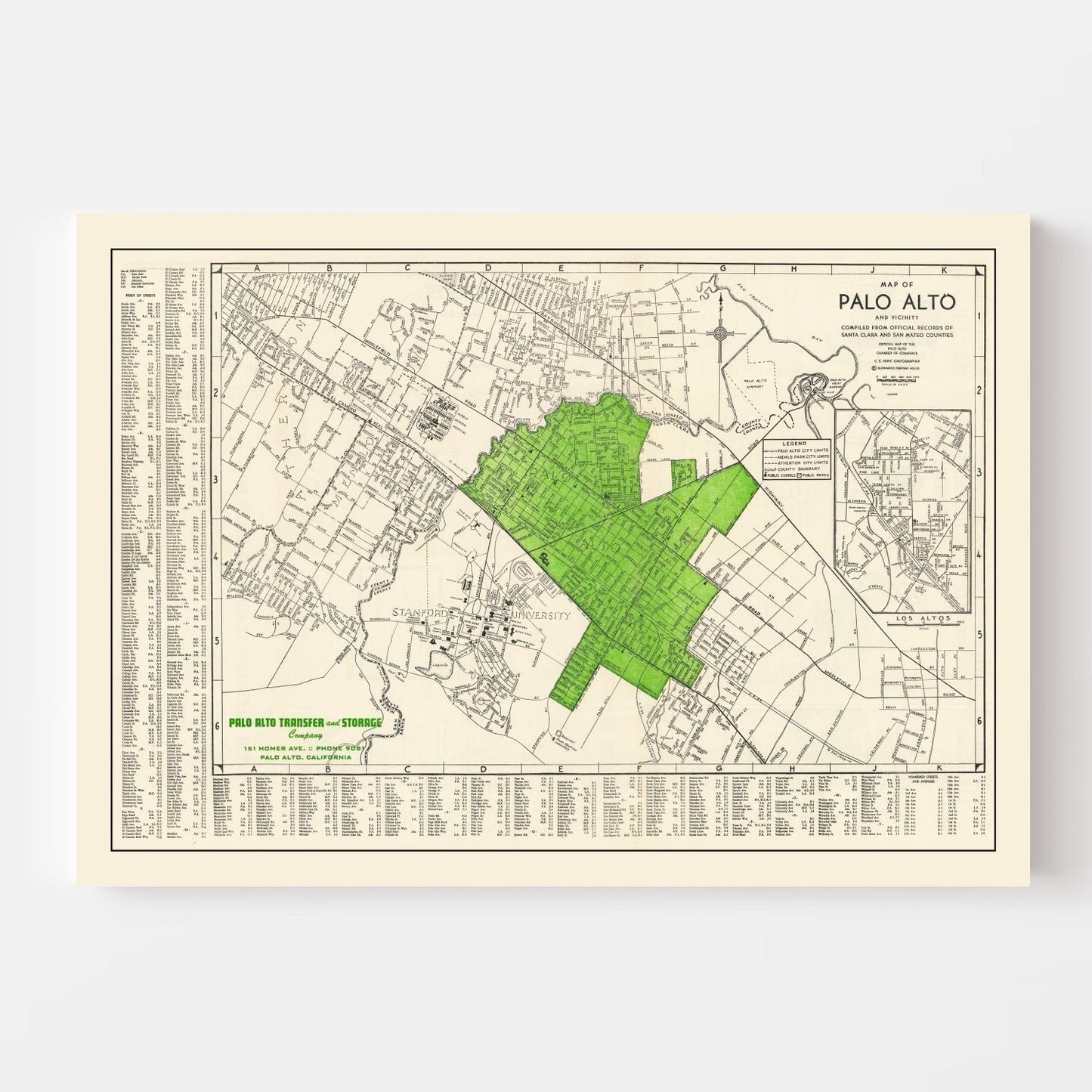 Vintage Map of Palo Alto, California, 1953
