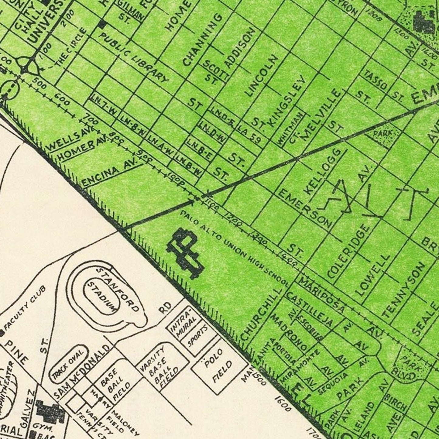 Vintage Map of Palo Alto, California, 1953