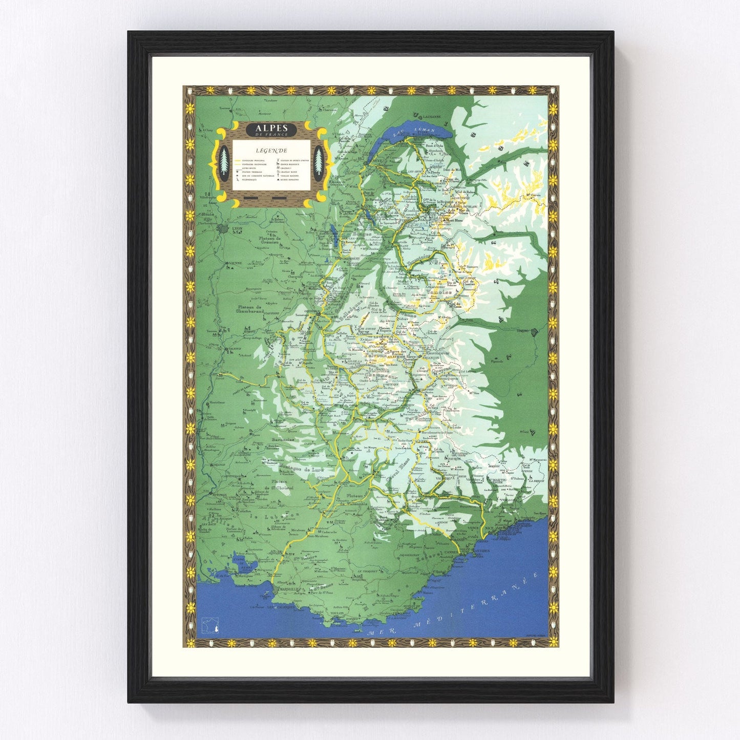 Vintage map of the French Alps mountain ranges, 1950