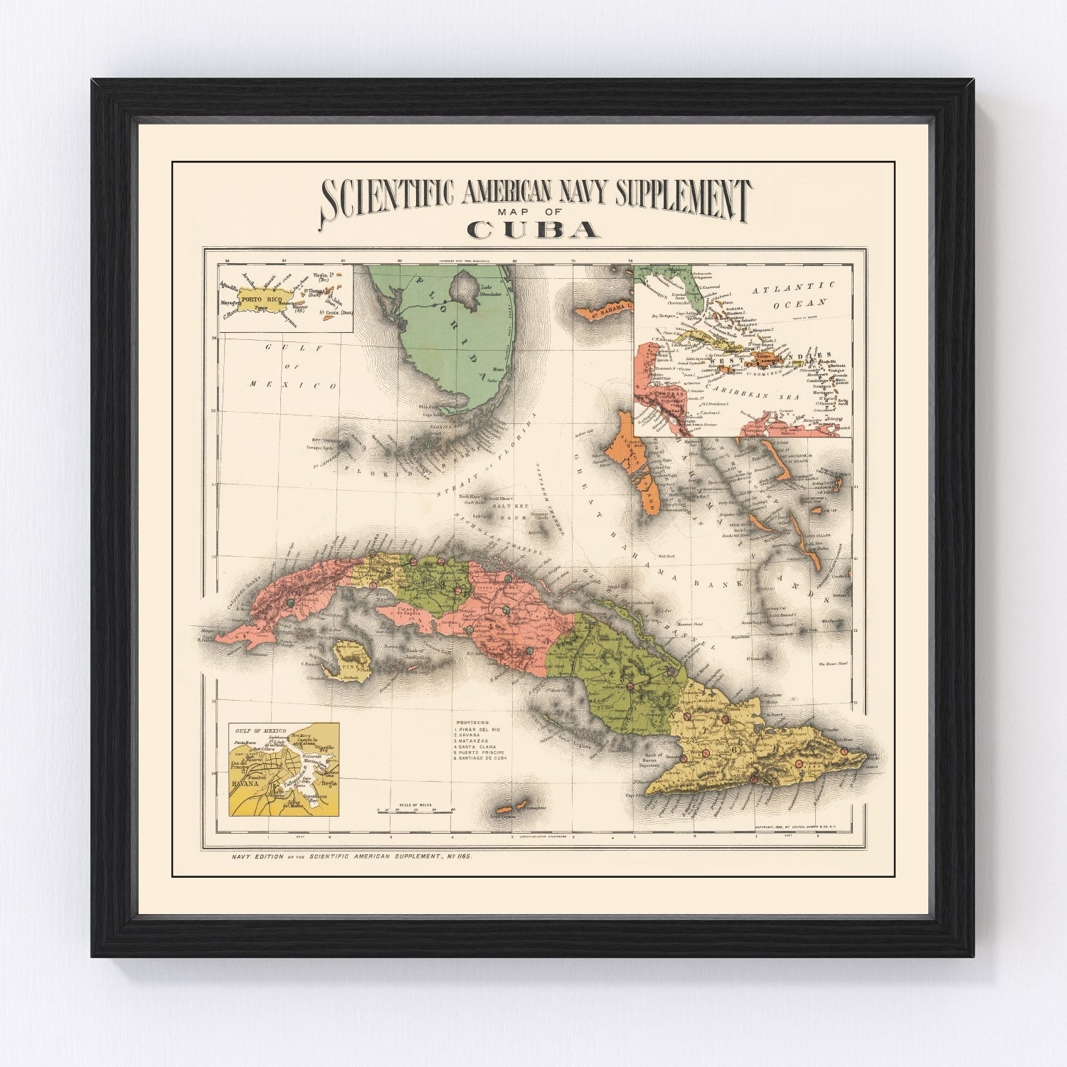 Vintage restored map of Cuba, 1898, Spanish-American War year Caribbean island