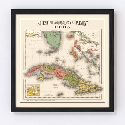 Vintage restored map of Cuba, 1898, Spanish-American War year Caribbean island