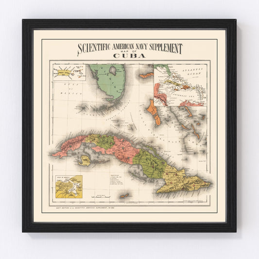 Vintage restored map of Cuba, 1898, Spanish-American War year Caribbean island
