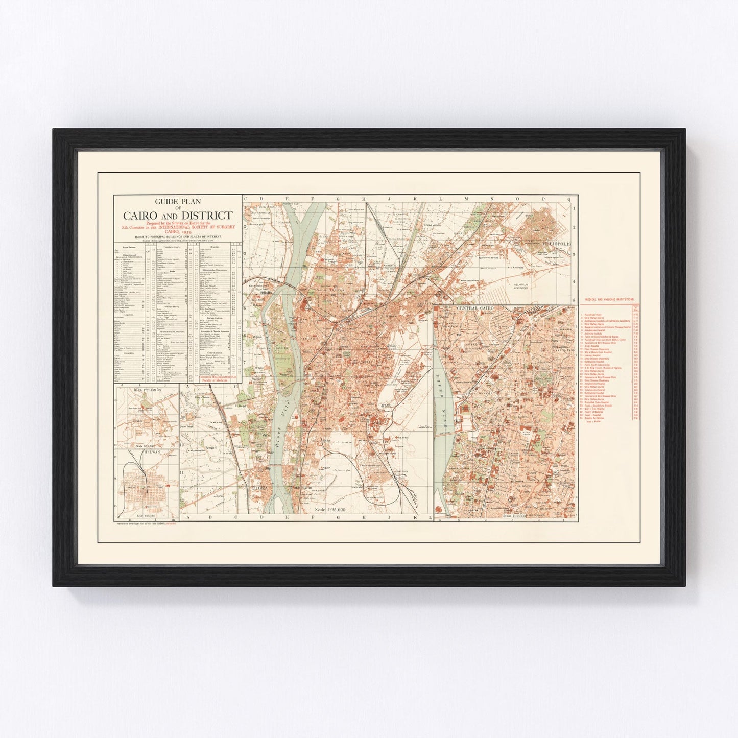 Vintage map of Cairo, Egypt, 1935, digitally restored