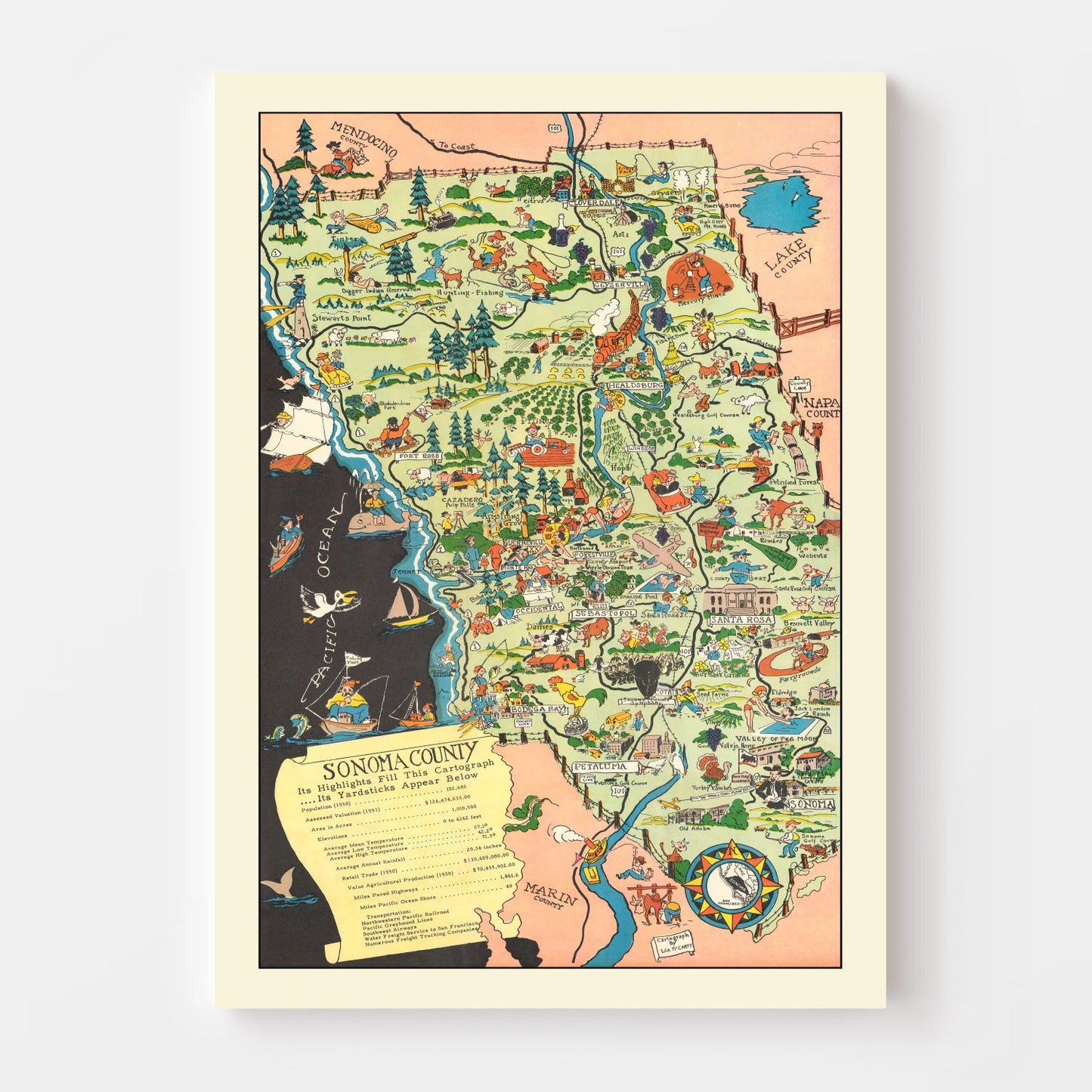 Vintage Map of Sonoma County, California, 1951