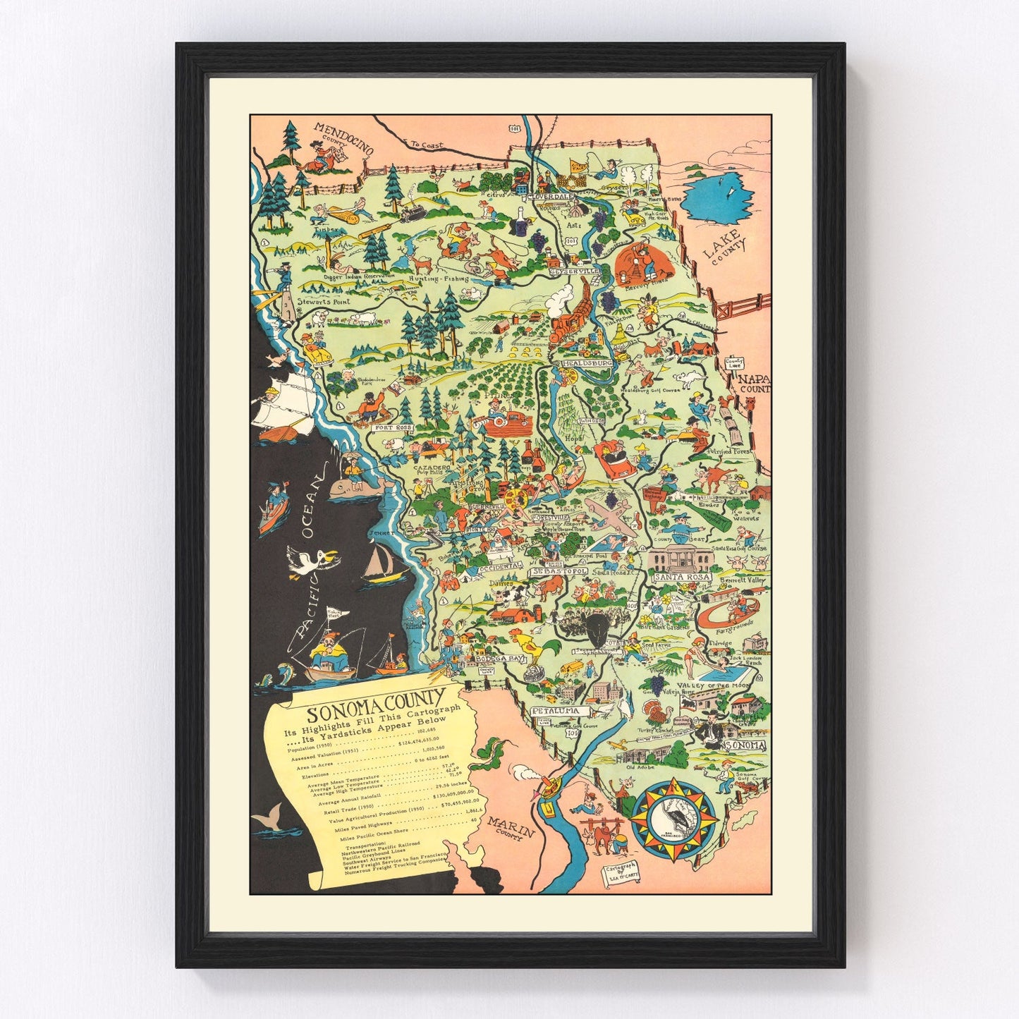 vintage map of Sonoma County, California, 1951