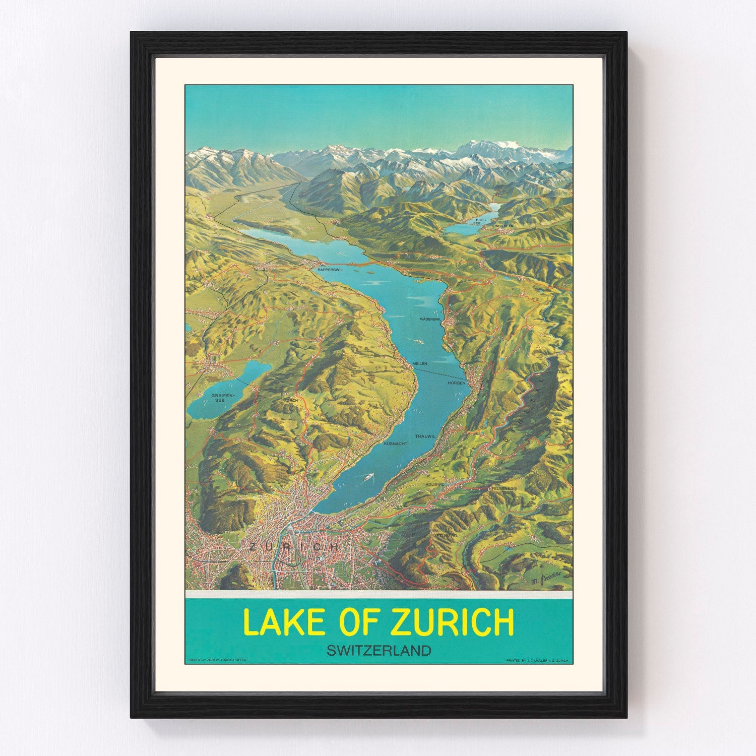 Vintage 1939 map of Zurich Switzerland, digitally restored print