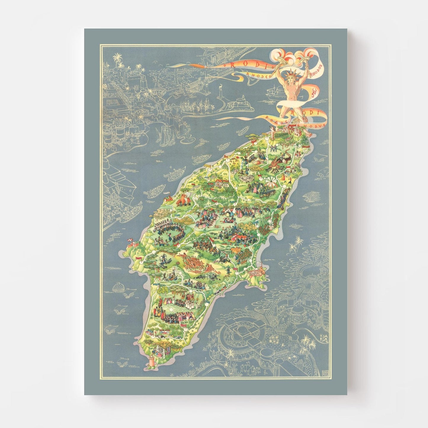 Vintage Map of Rhodes, Greece, 1935