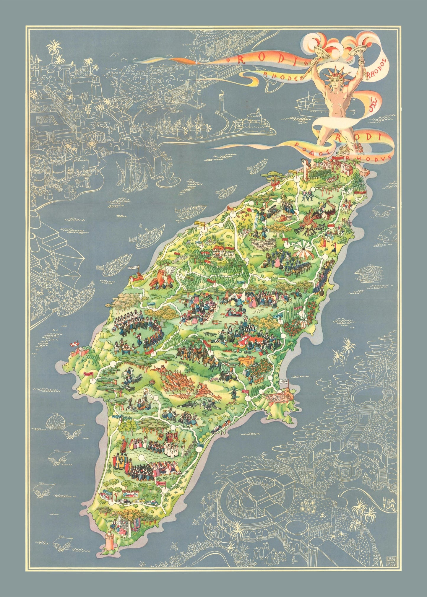 Vintage Map of Rhodes, Greece, 1935