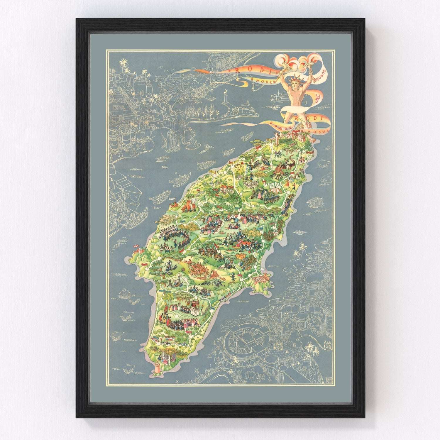 vintage map of Rhodes, Greece, 1935, Aegean island cartography