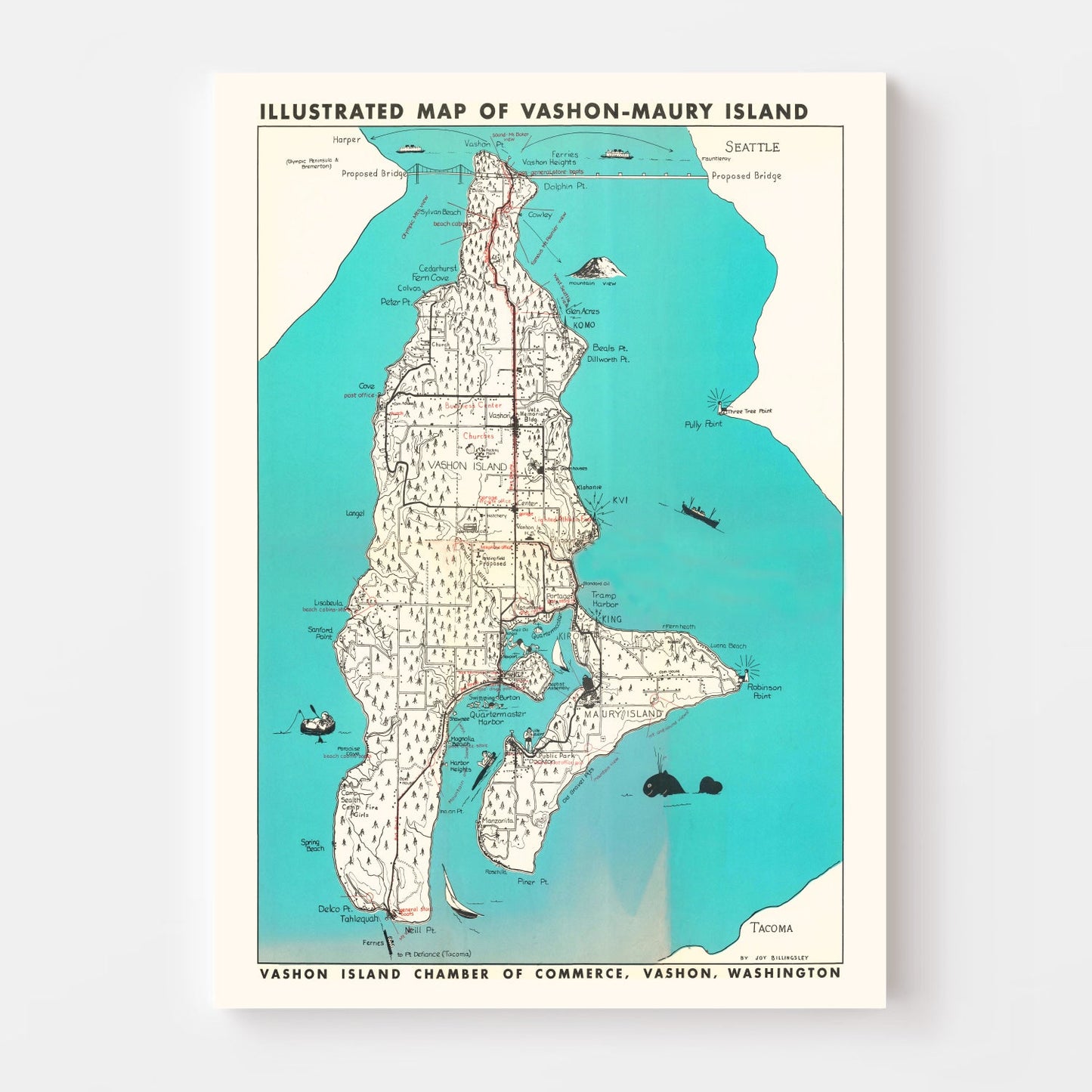Vintage Vashon-Maury Island Washington Map, 1955