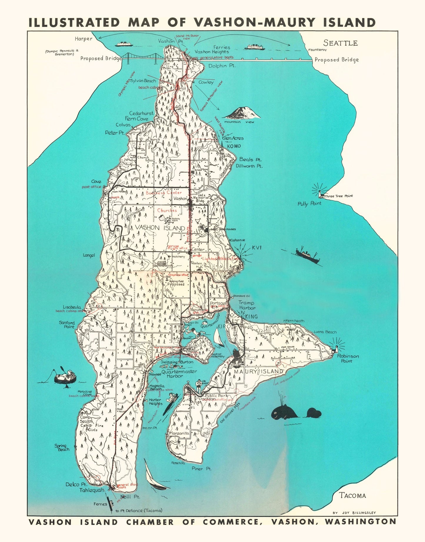 Vintage Vashon-Maury Island Washington Map, 1955