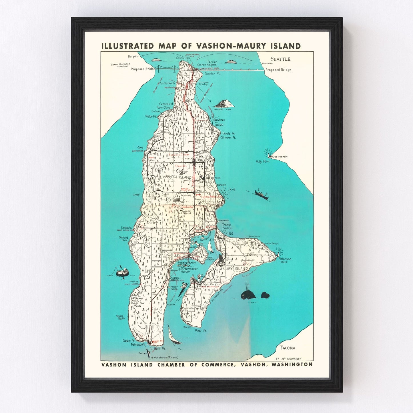 Vintage 1955 map of Vashon-Maury Island Washington in Puget Sound, restored cartographic print