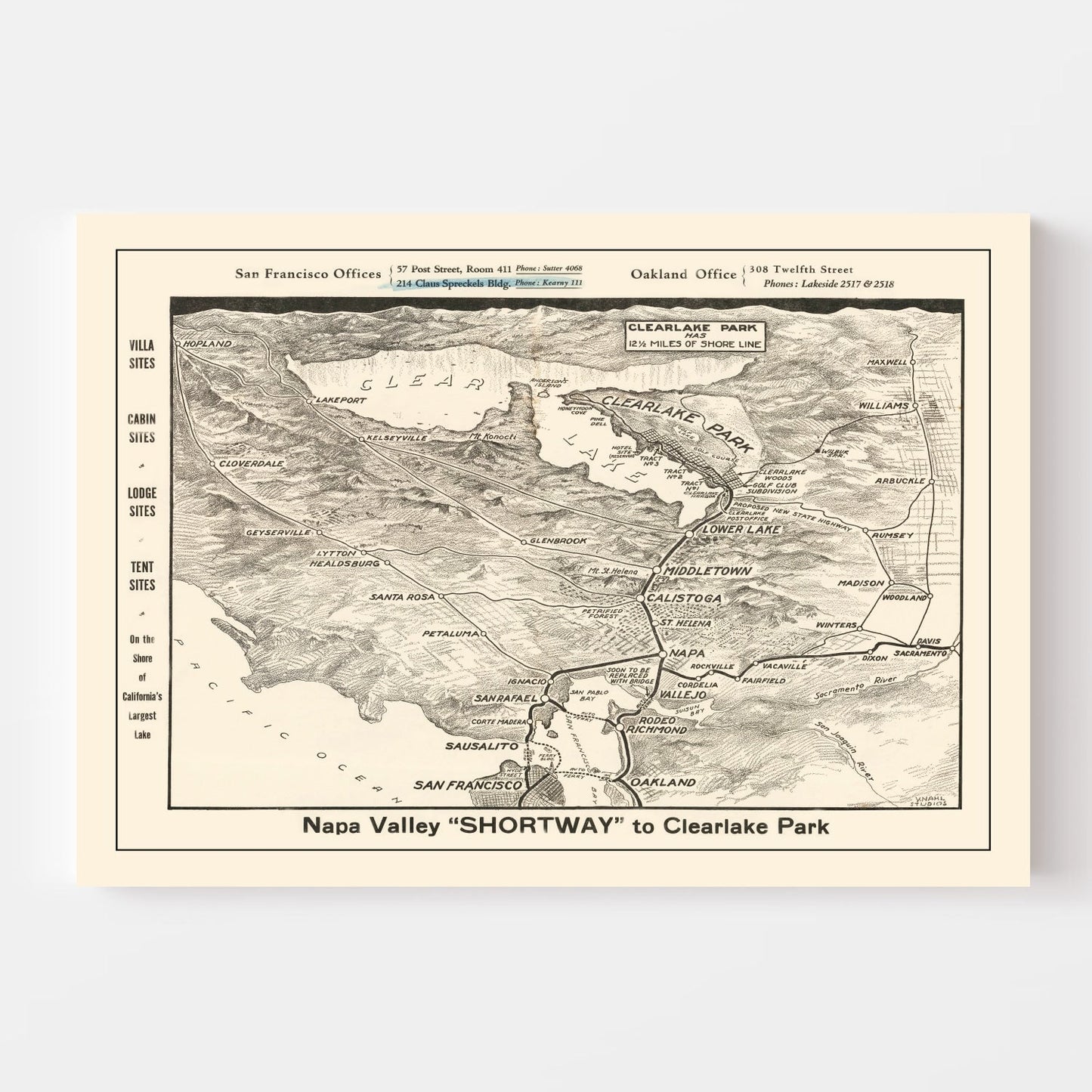 Vintage Map of Napa Valley, California, 1927