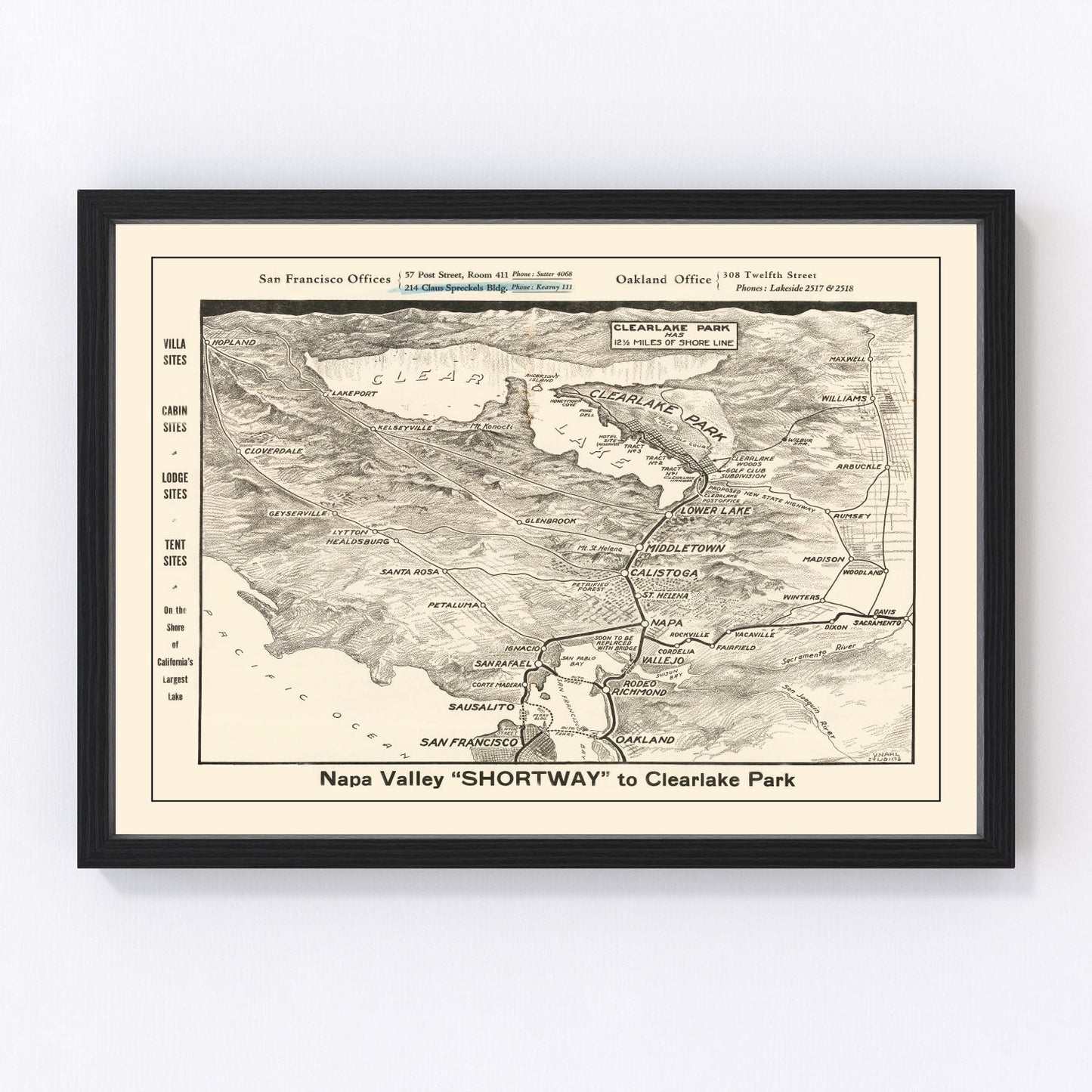 vintage map of Napa Valley, California, 1927
