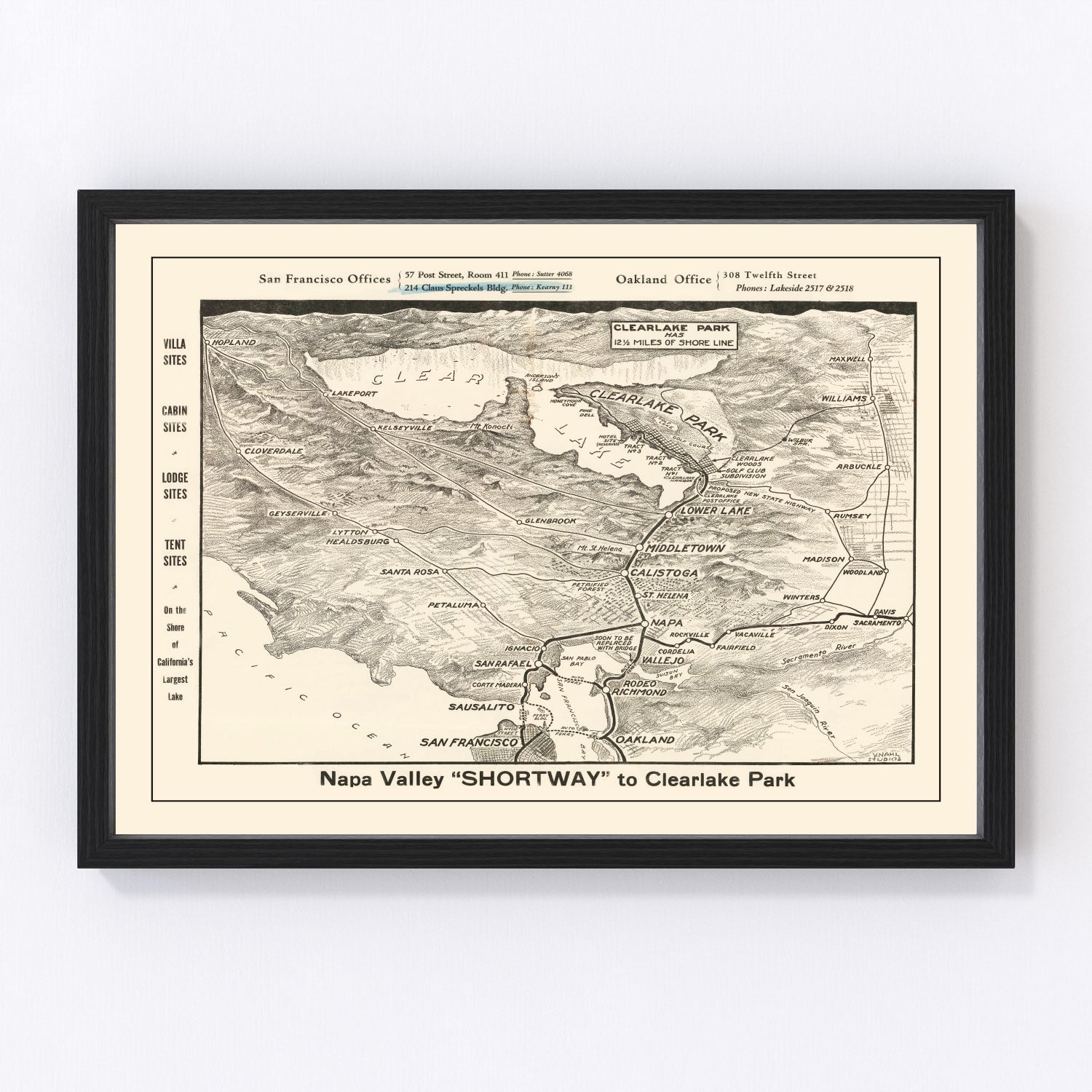 vintage map of Napa Valley, California, 1927