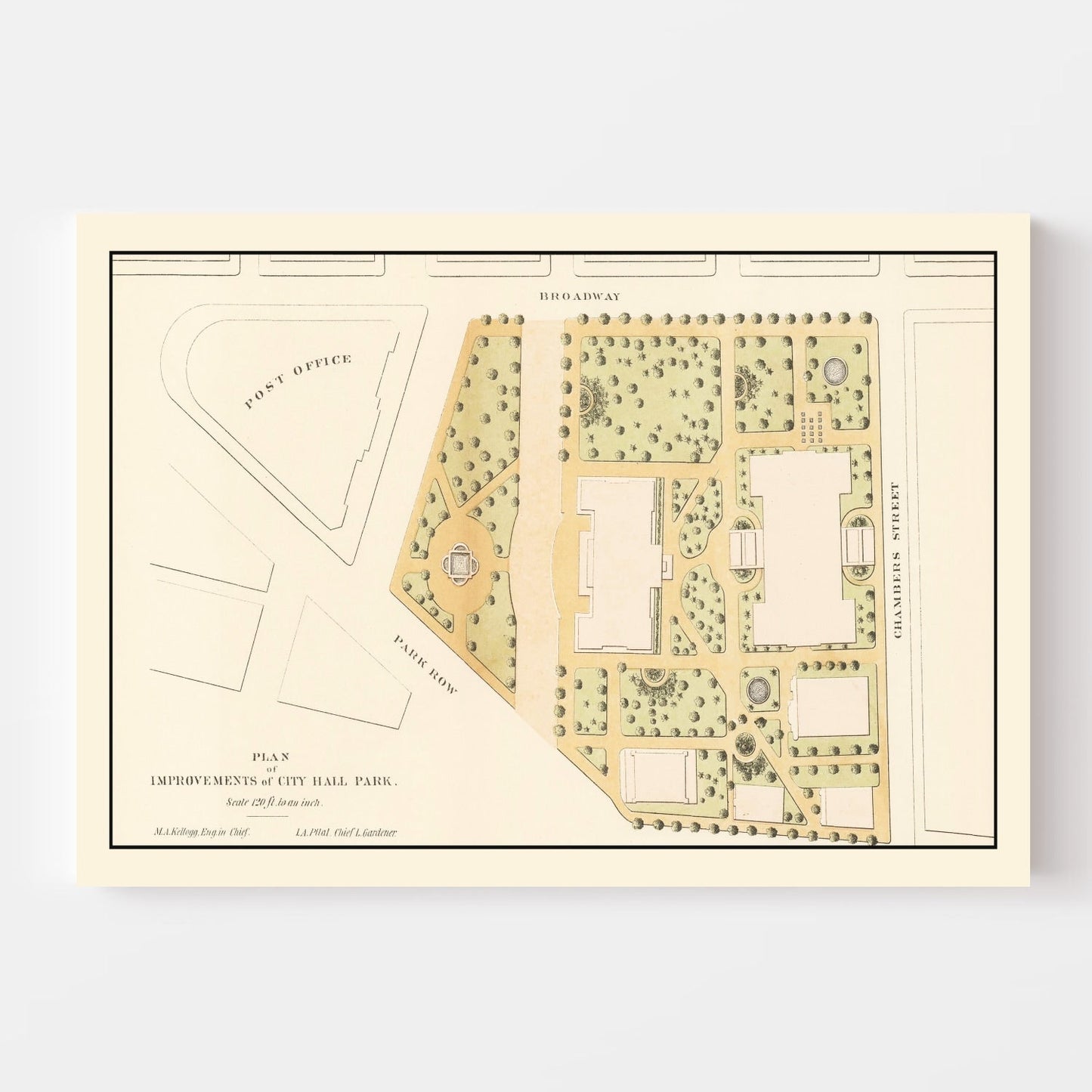 Vintage City Hall Park, New York City Map, 1871