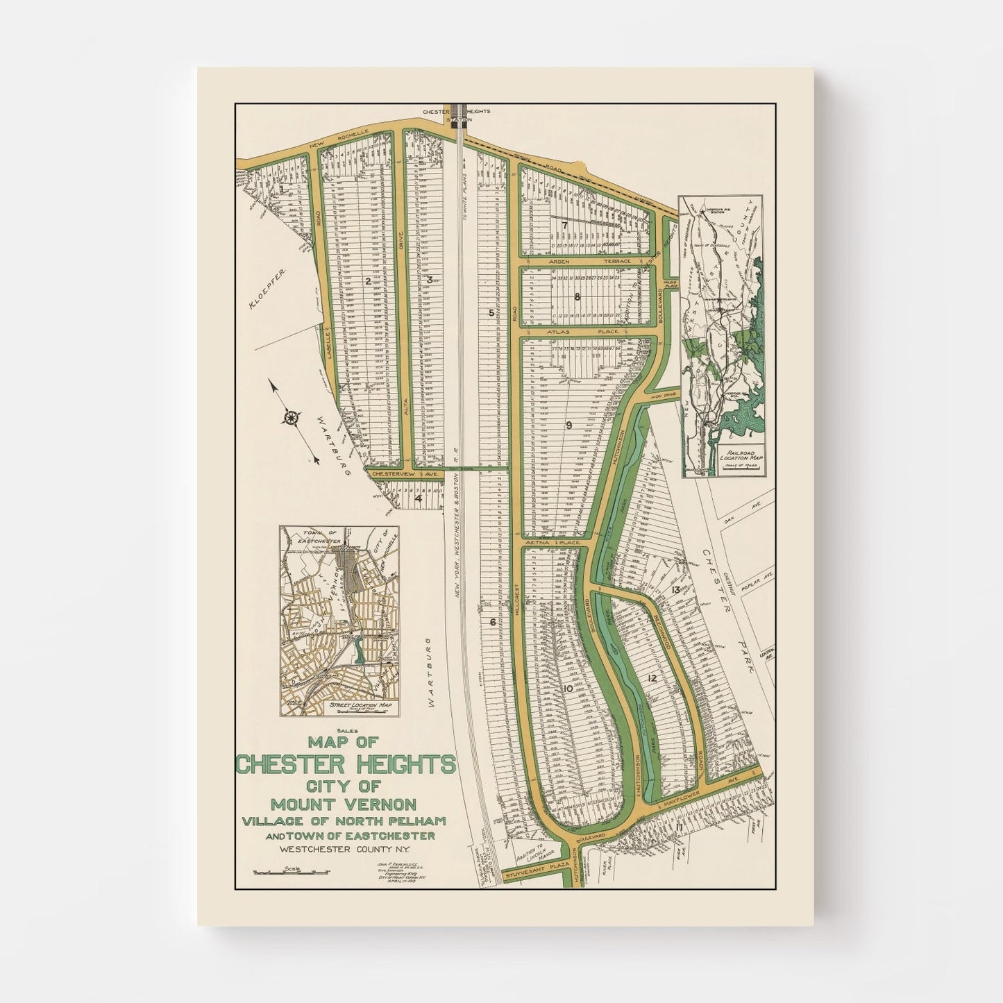 Vintage Chester Heights and Mount Vernon, New York Map, 1913