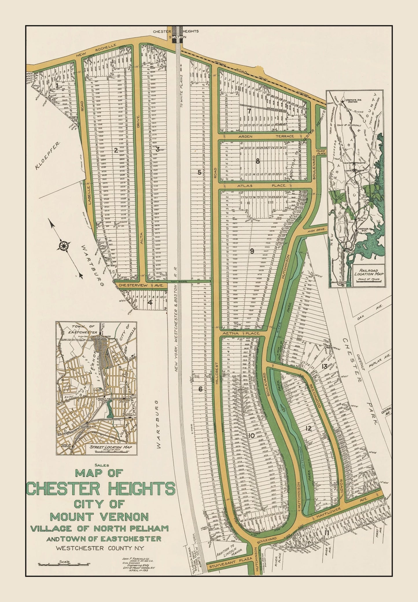 Vintage Chester Heights and Mount Vernon, New York Map, 1913