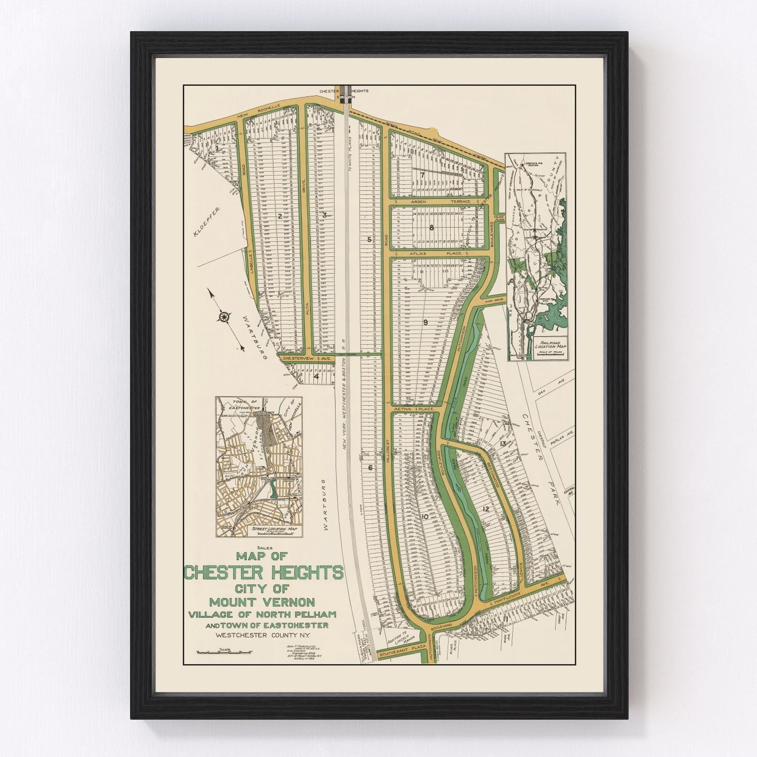 Restored vintage map of Chester Heights and Mount Vernon, New York, 1913