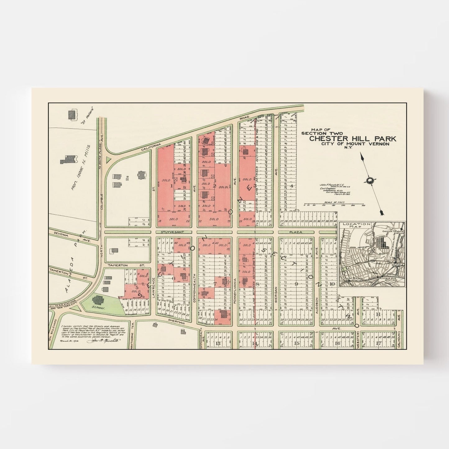 Vintage Chester Hill Park, Mount Vernon, New York Map, 1910
