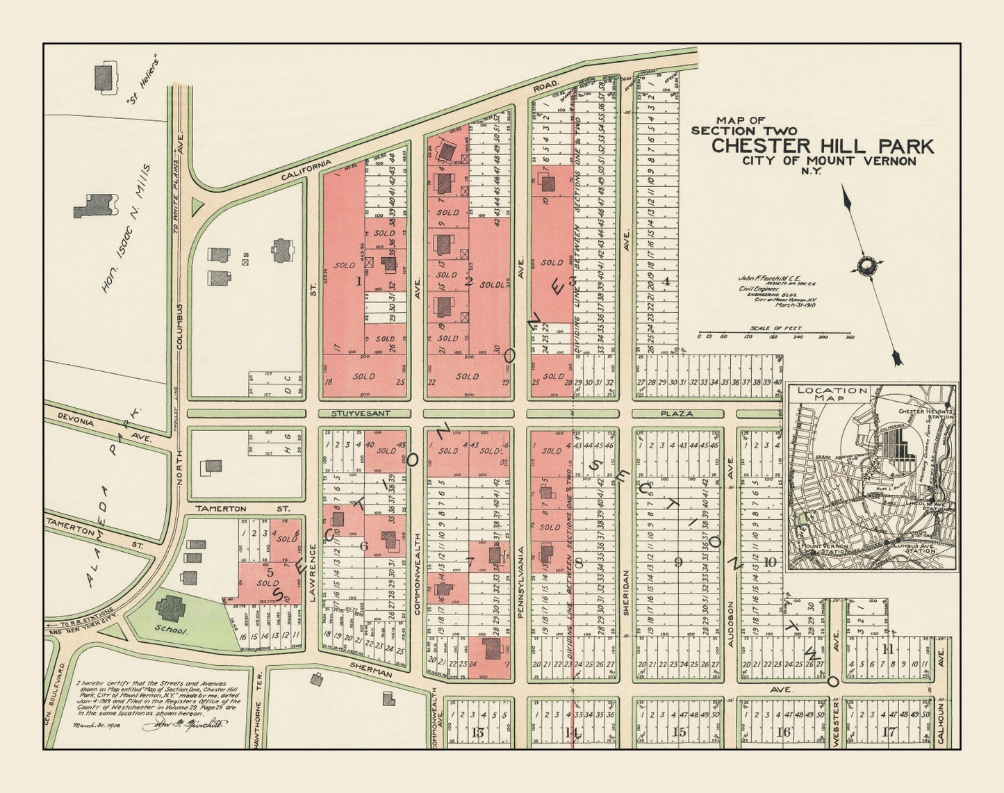 Vintage Chester Hill Park, Mount Vernon, New York Map, 1910