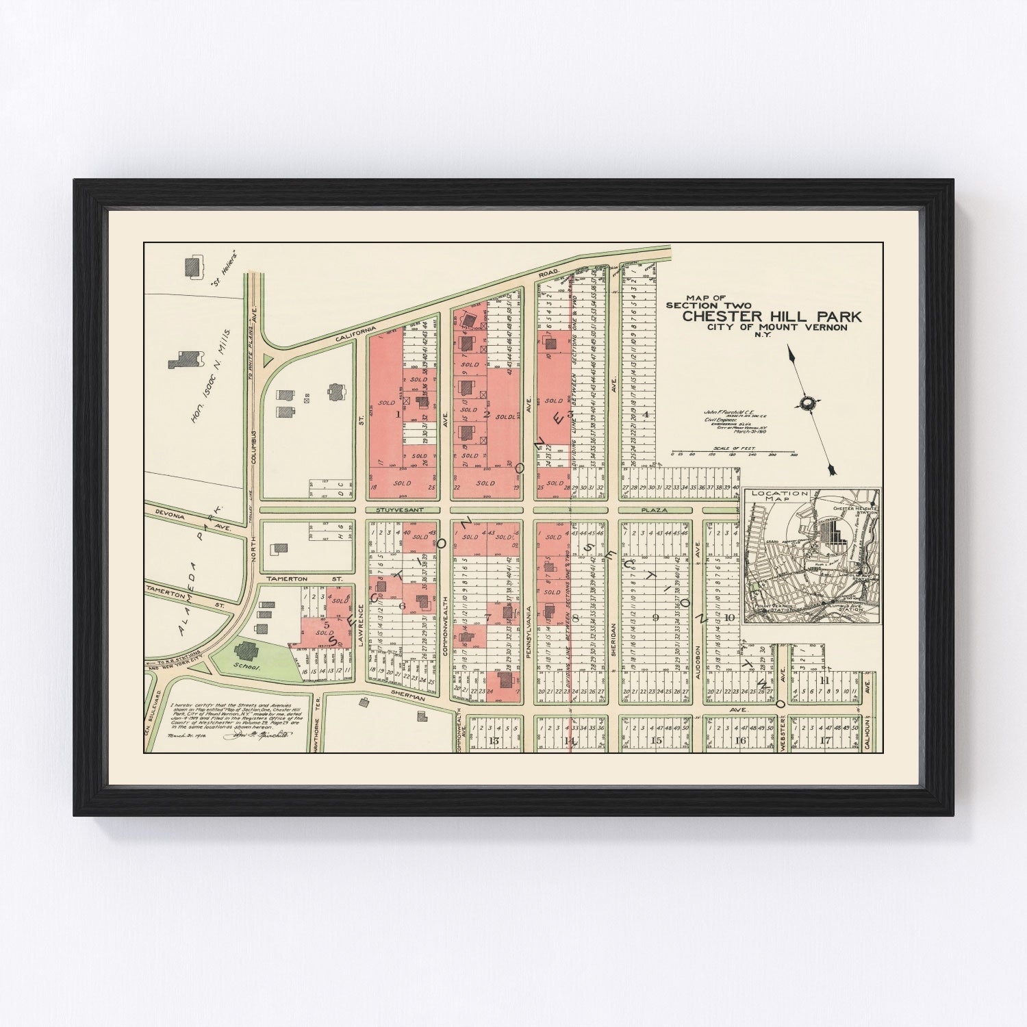 Restored vintage map of Chester Hill Park and Mount Vernon, New York, 1910